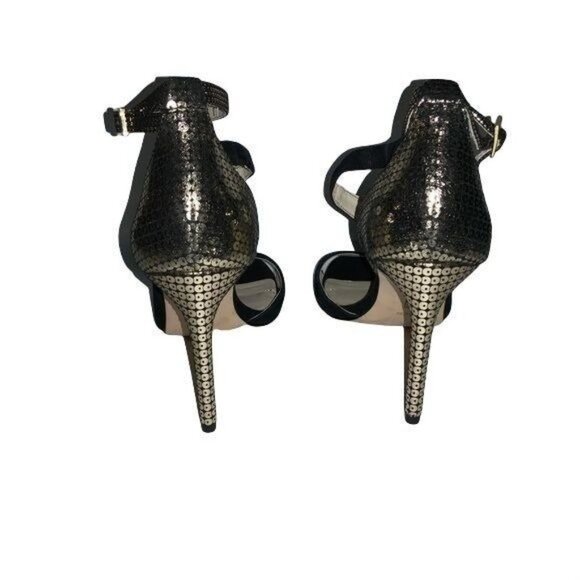 Louise Et Cie Black & Gold Ankle Strap Heels 3.5" Stiletto Open Toe Womens Size - Picture 2 of 6